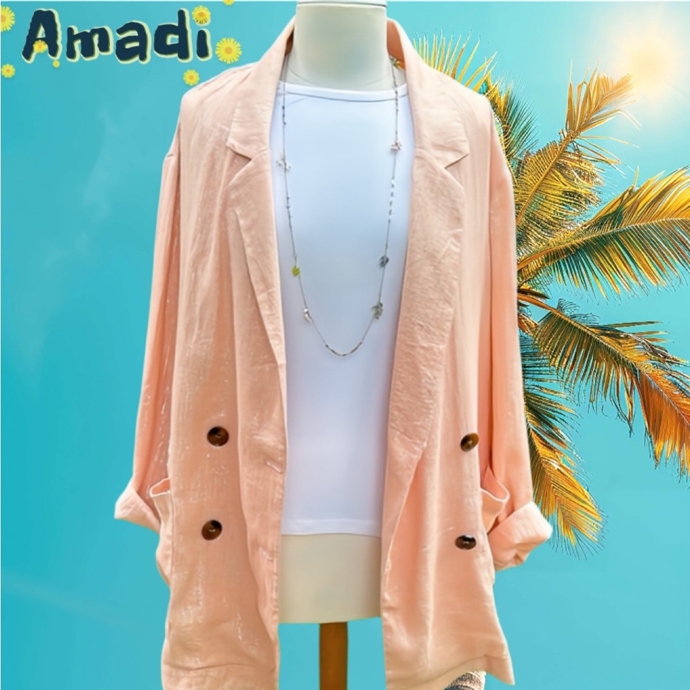 AMADI SHIMMERING METALLIC PEACH/PINK LINEN BLEND LIGHTWEIGHT BLAZER - L -🌷🍑✨